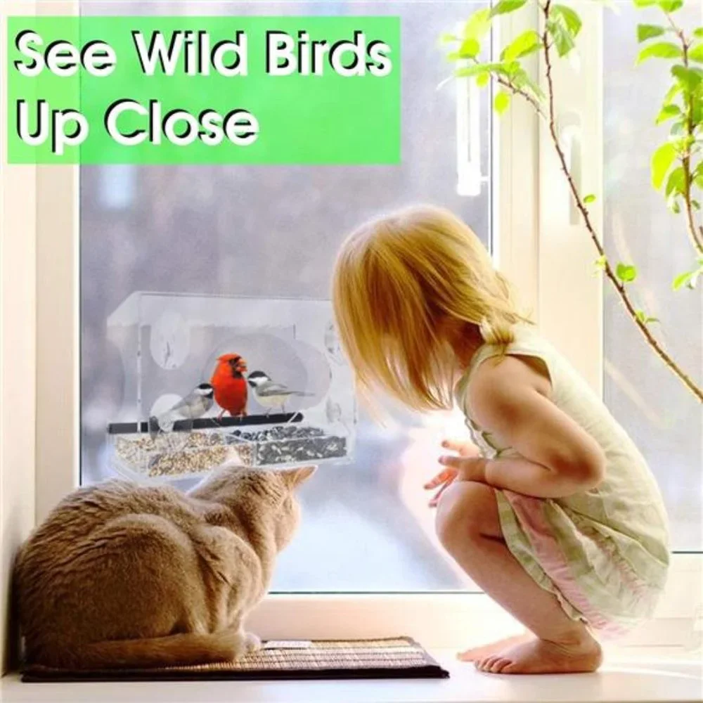 XL Window Bird Feeder-Extended Roof- Steel Perch-Sliding Feed Tray Drains Water